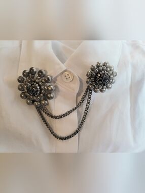 Silver Flower Cluster Brooch with Double Chain